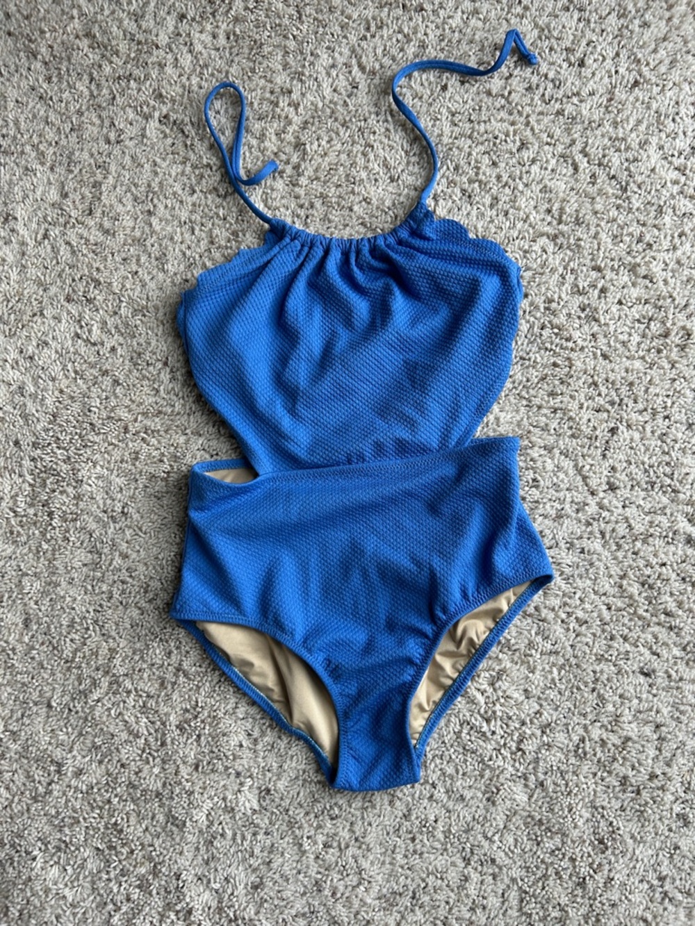 Kids Blue Textured One-Piece Swimsuit, scalloped edges, cutout sides, size XL